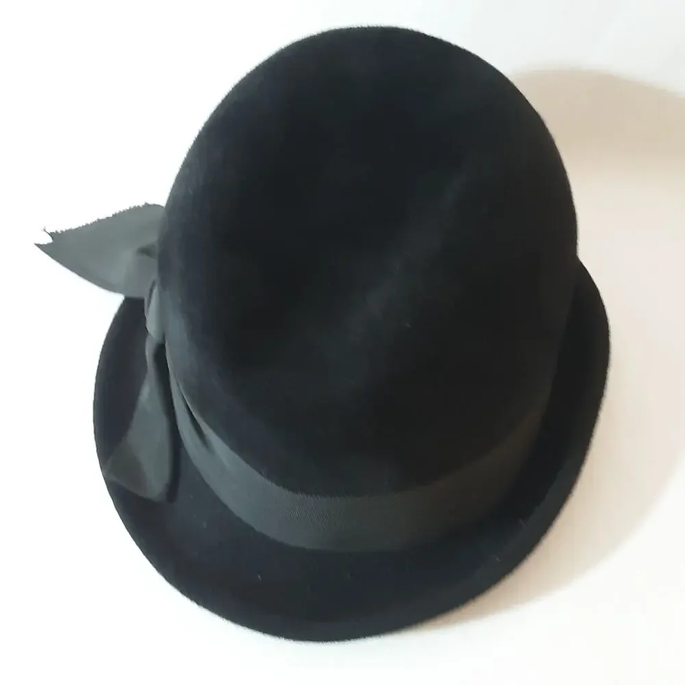 💎Le Charme Black Wool Felt Cloche Hat Asymmetrical Brim Large Side Bow